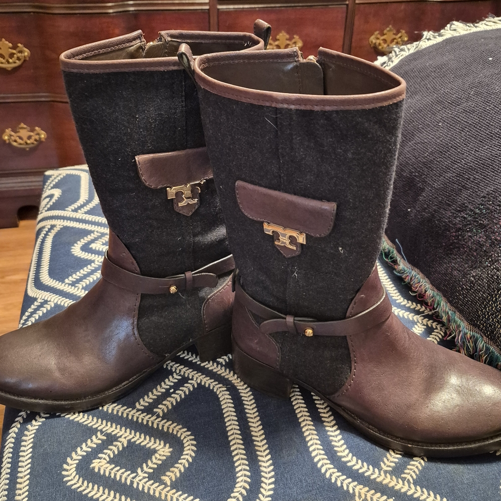 Tory Burch Brown and Black Boots with Gold Zipper